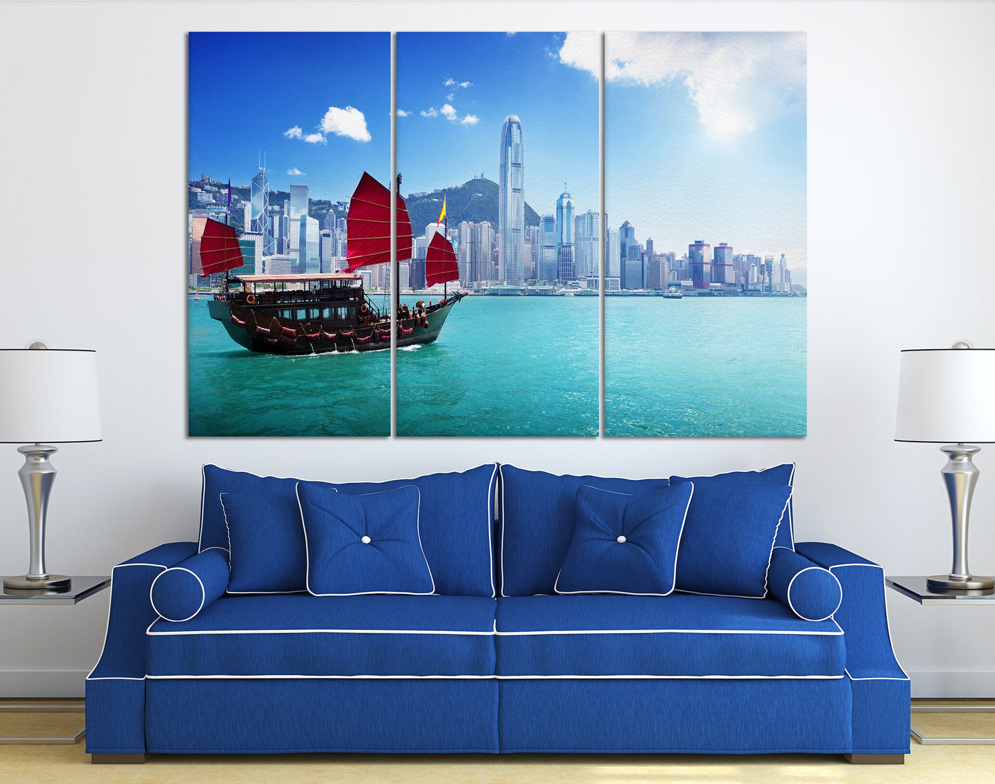 Hong Kong Harbour and Junk Boat Framed Canvas Leather Print