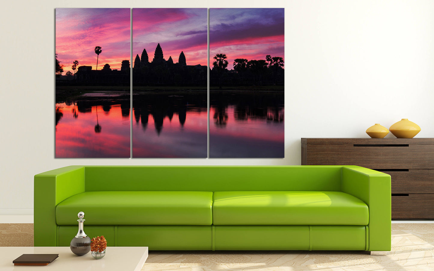 Angkor Wat Temple Cambodia Dramatic Sunrise Wall Art Canvas Eco Leather Print 3 Panels