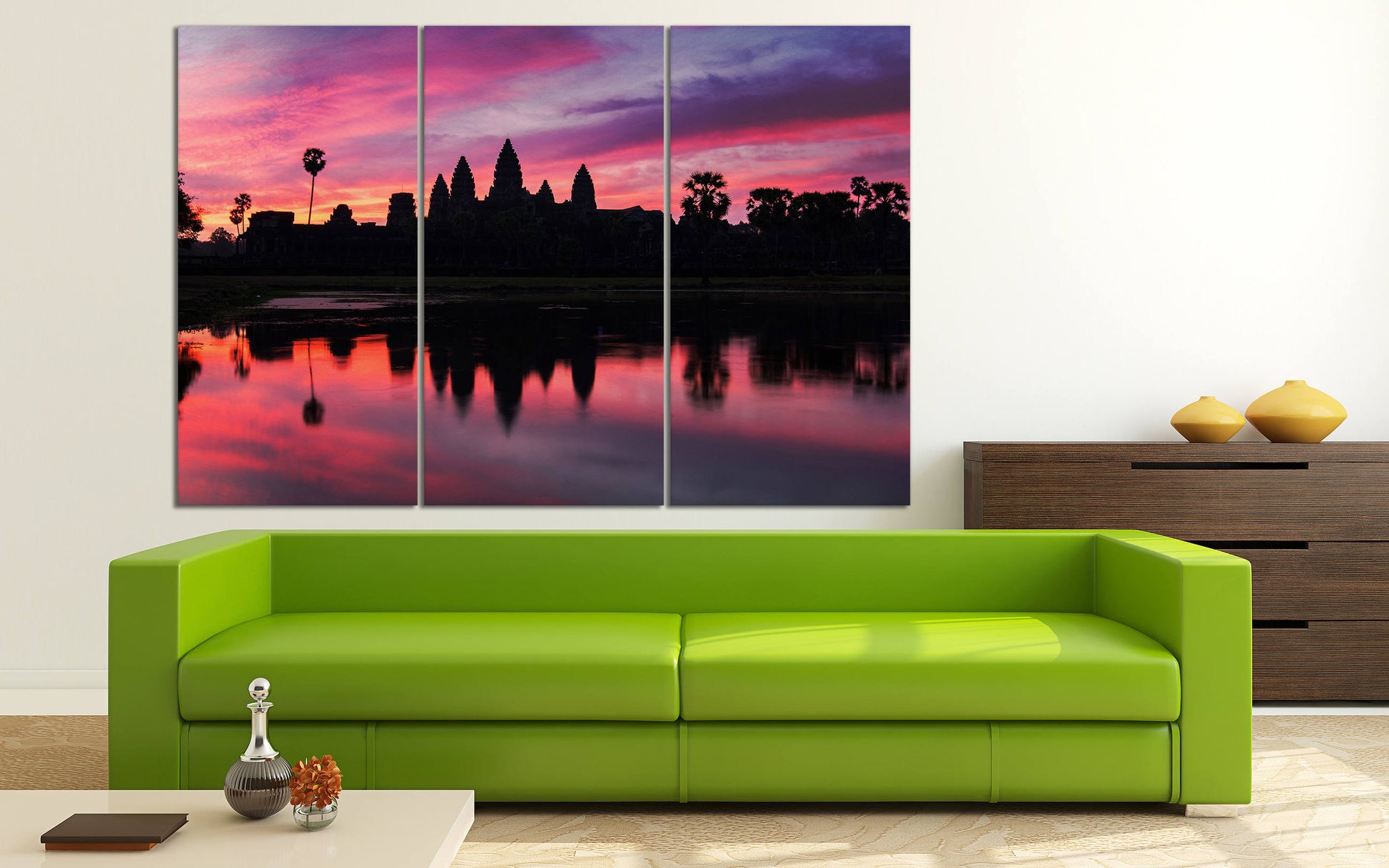 Angkor Wat Temple Cambodia Dramatic Sunrise Wall Art Canvas Eco Leather Print 3 Panels