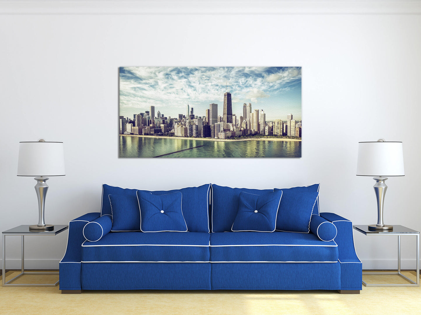 Chicago Skyline Aerial View by The Beach Framed Canvas Eco Leather Print, Made in Italy!