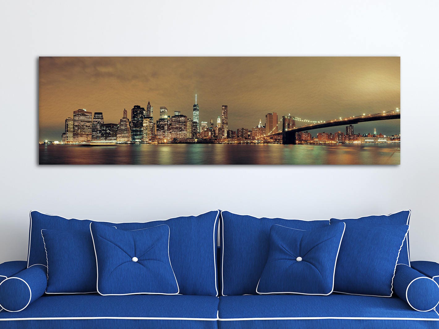 Manhattan with Brooklyn Bridge at night canvas wall art leather print