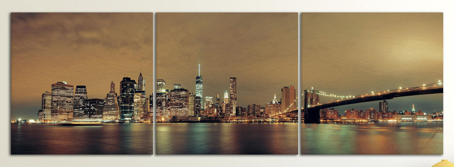 Manhattan with Brooklyn Bridge at night canvas wall art leather print