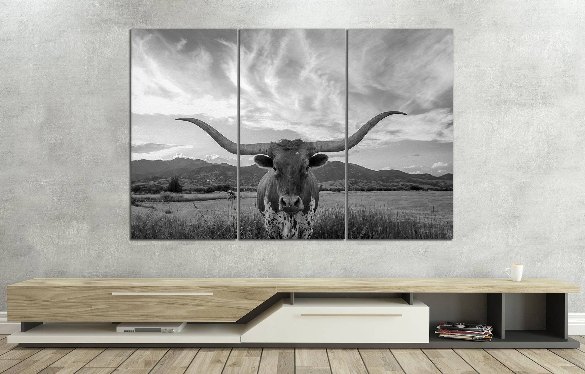3 Panel Texas Longhorn Steer Black and White Framed Canvas Leather Print