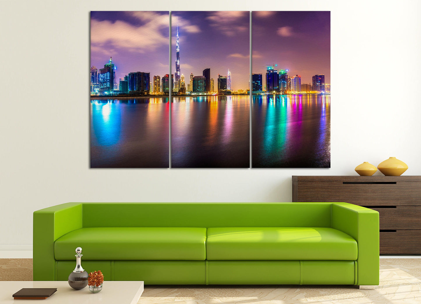 Dubai lights skyline at dusk canvas print wall decor