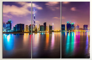 Dubai lights skyline at dusk canvas print 3 panels