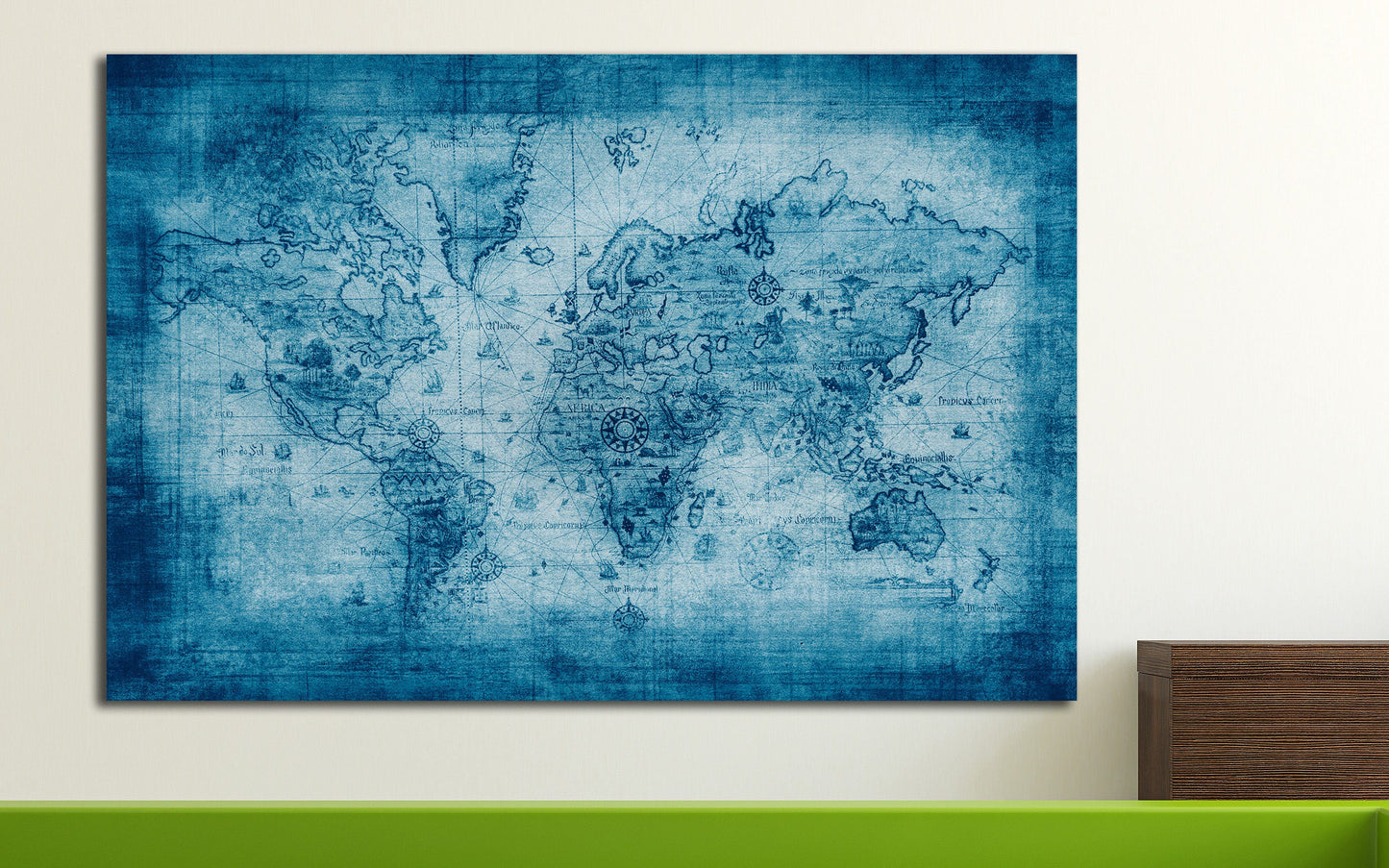 Blue Ancient World Map Framed Canvas Leather Print