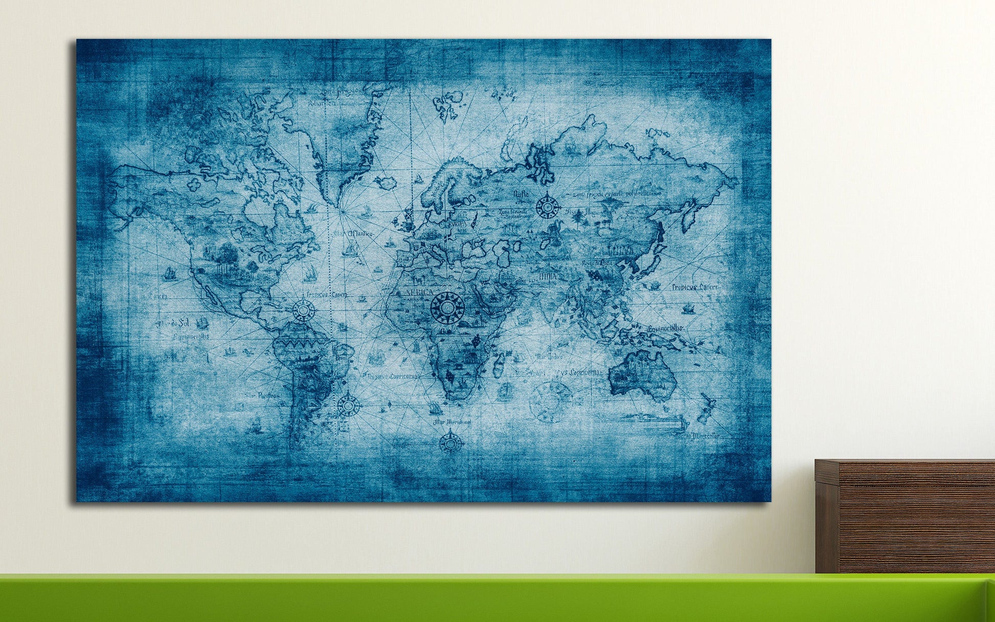 Blue Ancient World Map Framed Canvas Leather Print