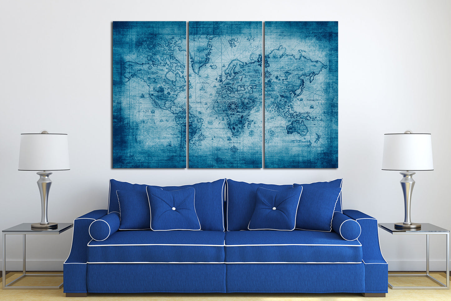 Blue Ancient World Map Framed Canvas Leather Print