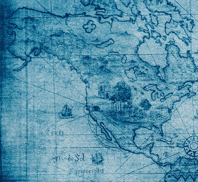Blue Ancient World Map Framed Canvas Leather Print