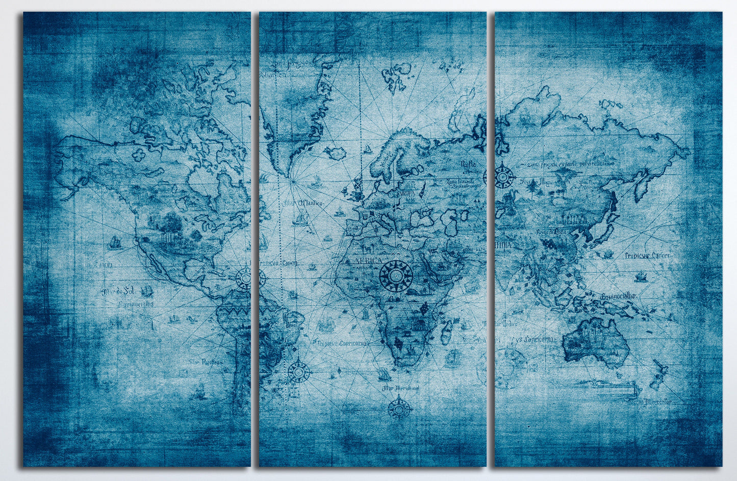 Blue Ancient World Map Framed Canvas Leather Print