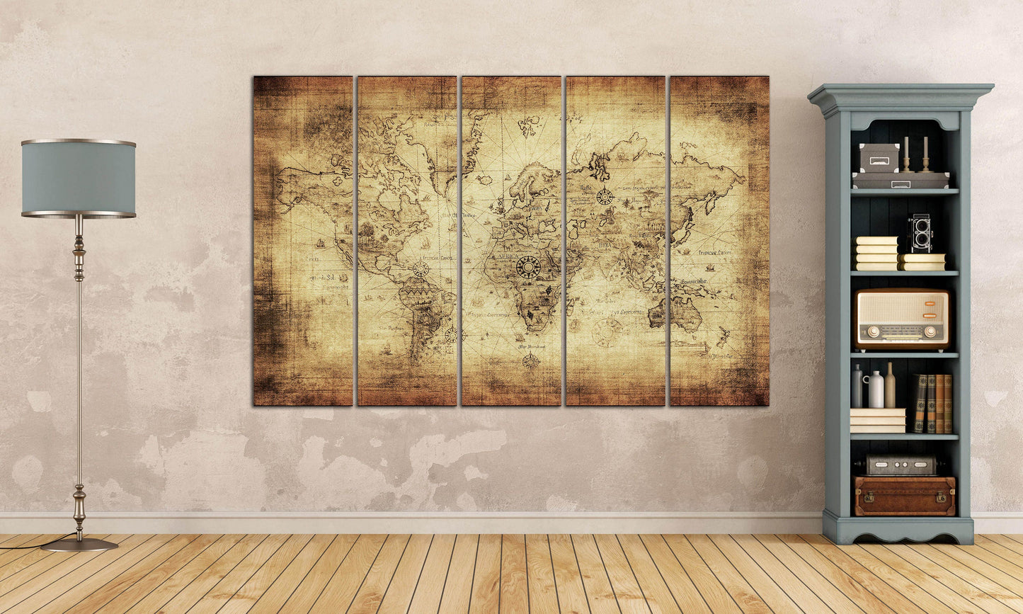 Beige/Brown Ancient World Map Framed Canvas Eco Leather Print, Made in Italy!