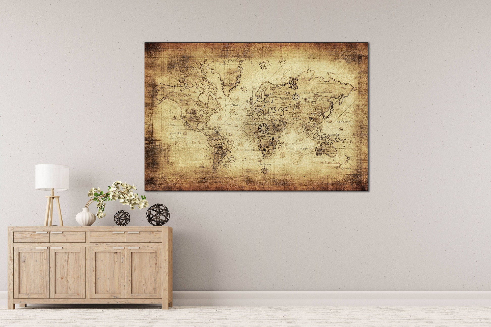 Beige/Brown Ancient World Map Framed Canvas Eco Leather Print, Made in Italy!