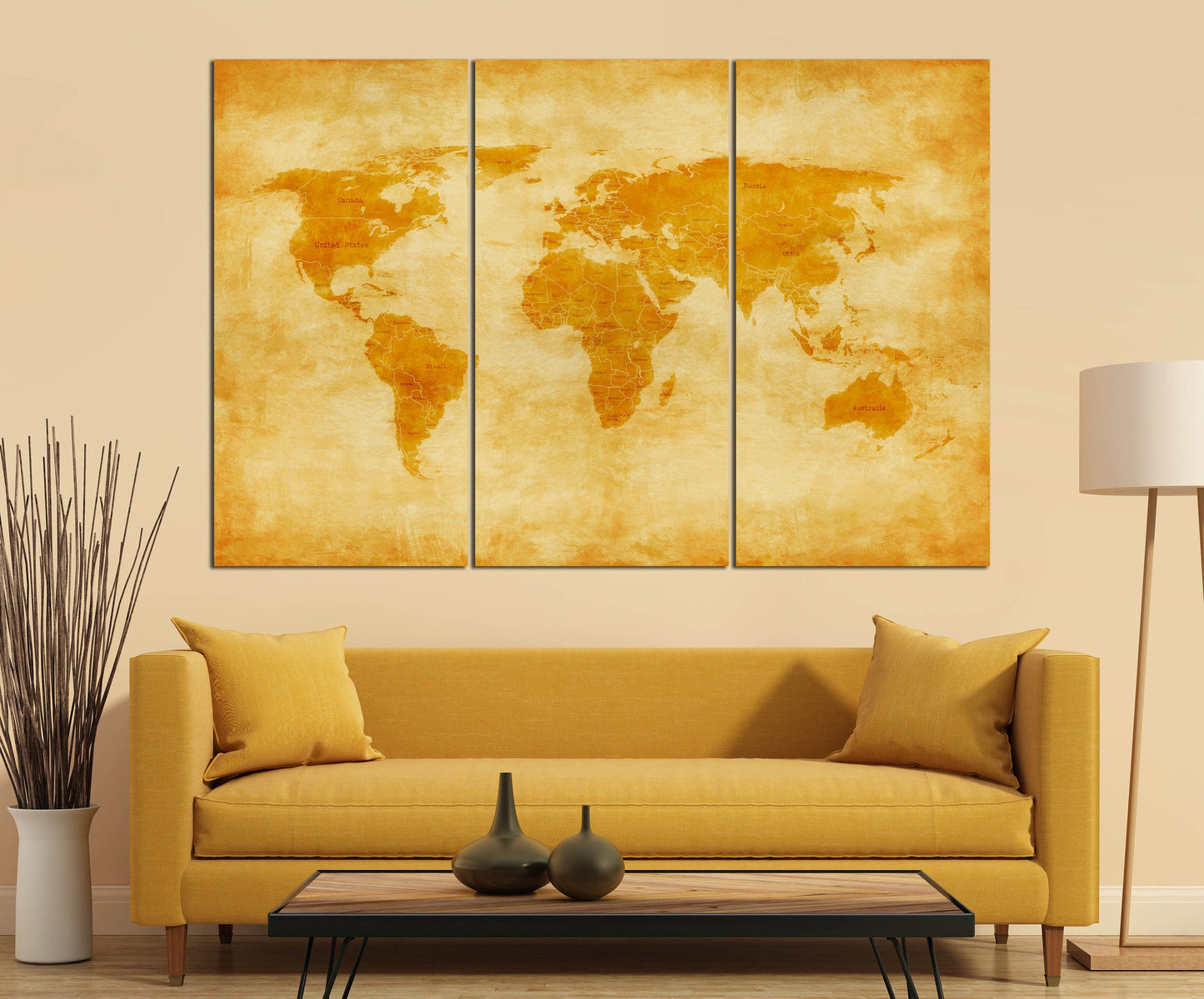 Vintage World Map with Borders and Nations Canvas Eco Leather Print