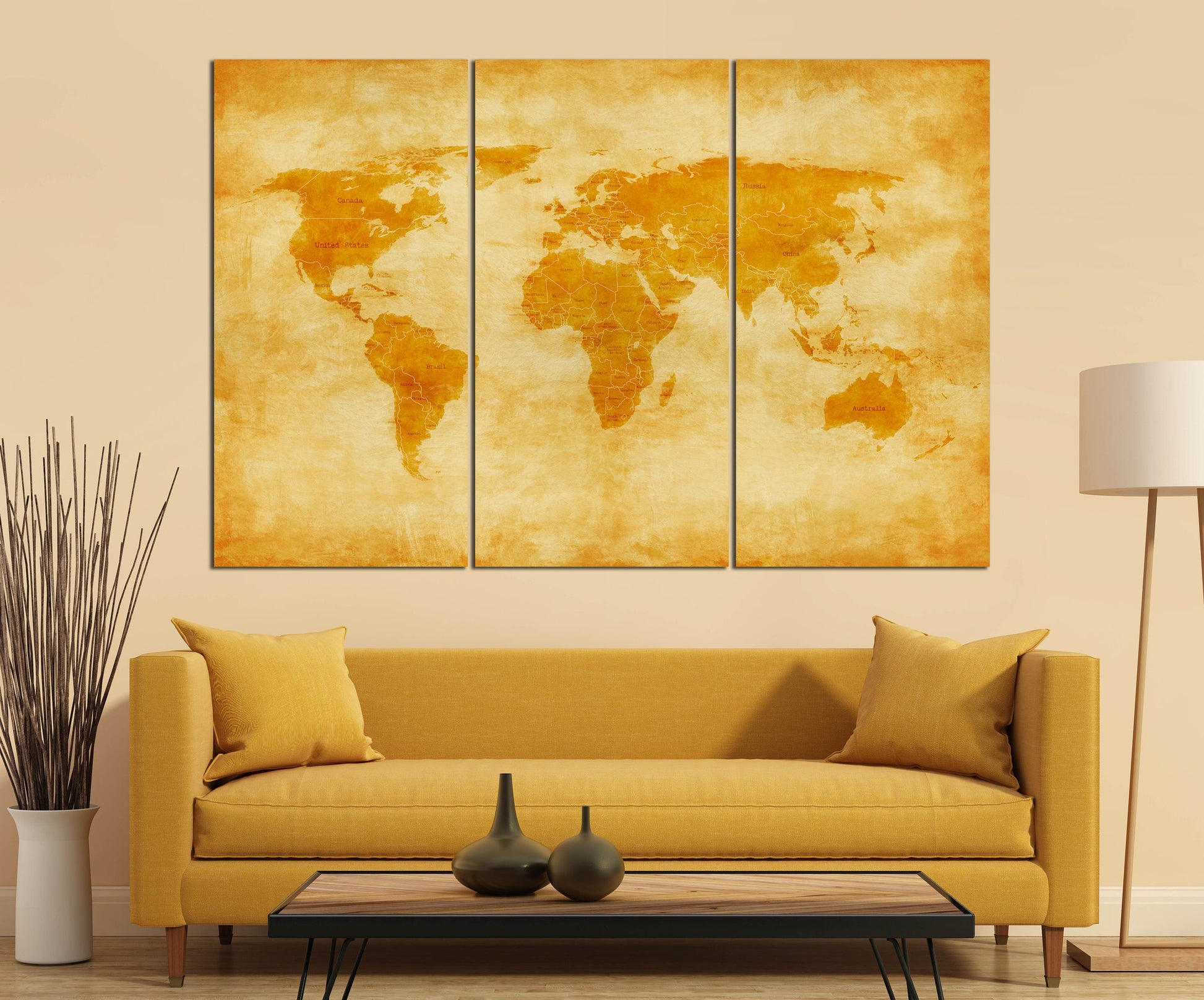 Vintage World Map with Borders and Nations Canvas Eco Leather Print