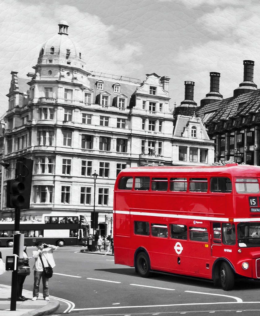 London Black and White and Red Bus Canvas Eco Leather Print, Made in Italy!