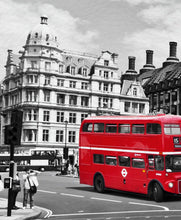 Load image into Gallery viewer, 3 Panel London Black and White and Red Bus Framed Canvas Leather Print