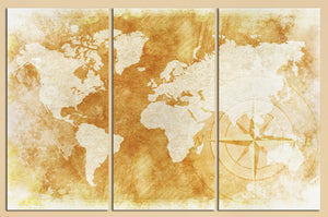 3 Panel Rustic World Map Framed Canvas Leather Print