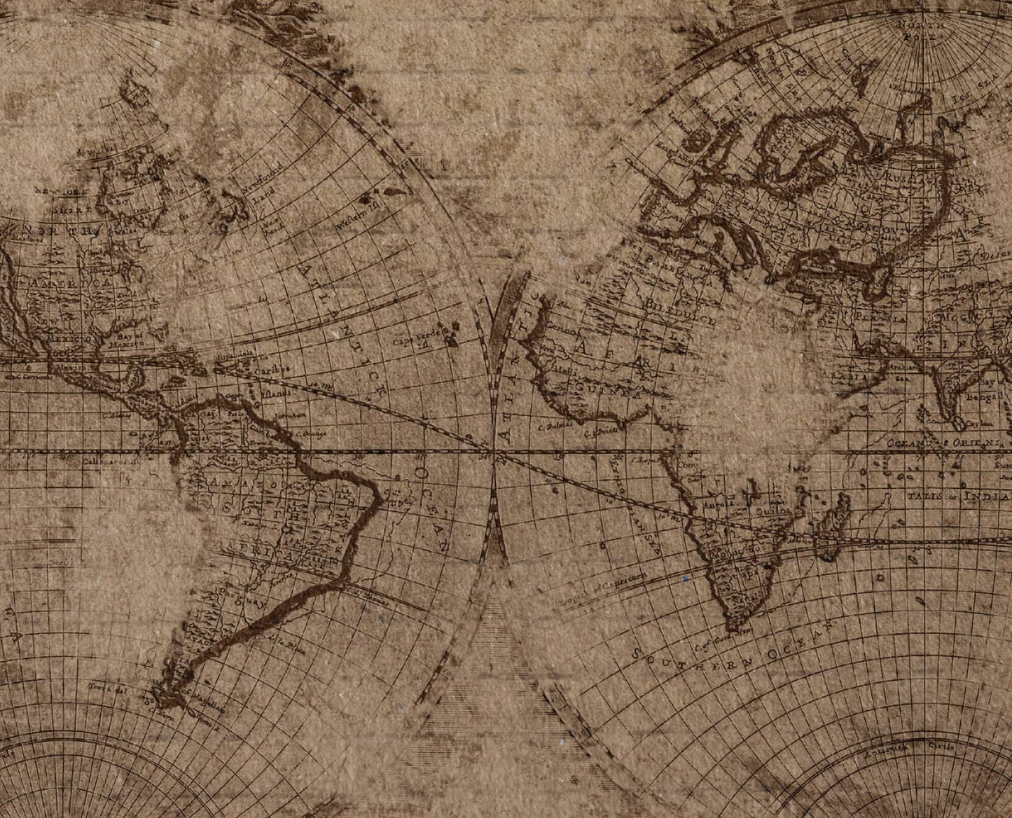 Old Brown World Map in Hemispheres Framed Canvas Leather Print