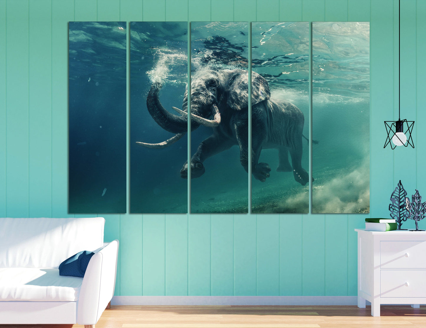 Elephant Swimming Under Water Framed Canvas Leather Print