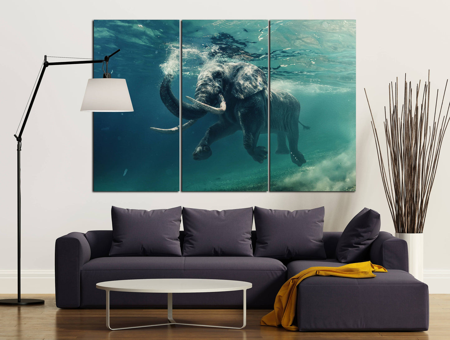 Elephant Swimming Under Water Framed Canvas Leather Print