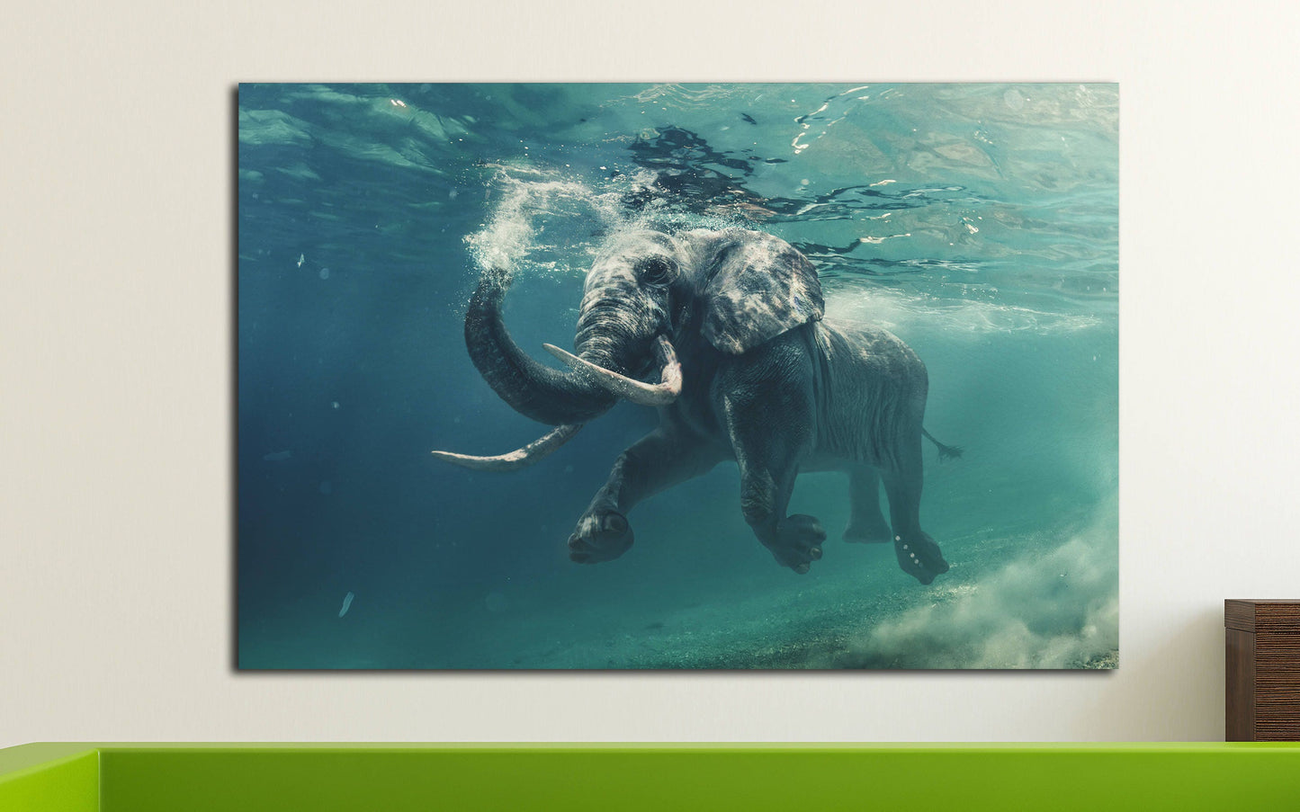 Elephant Swimming Under Water Framed Canvas Leather Print