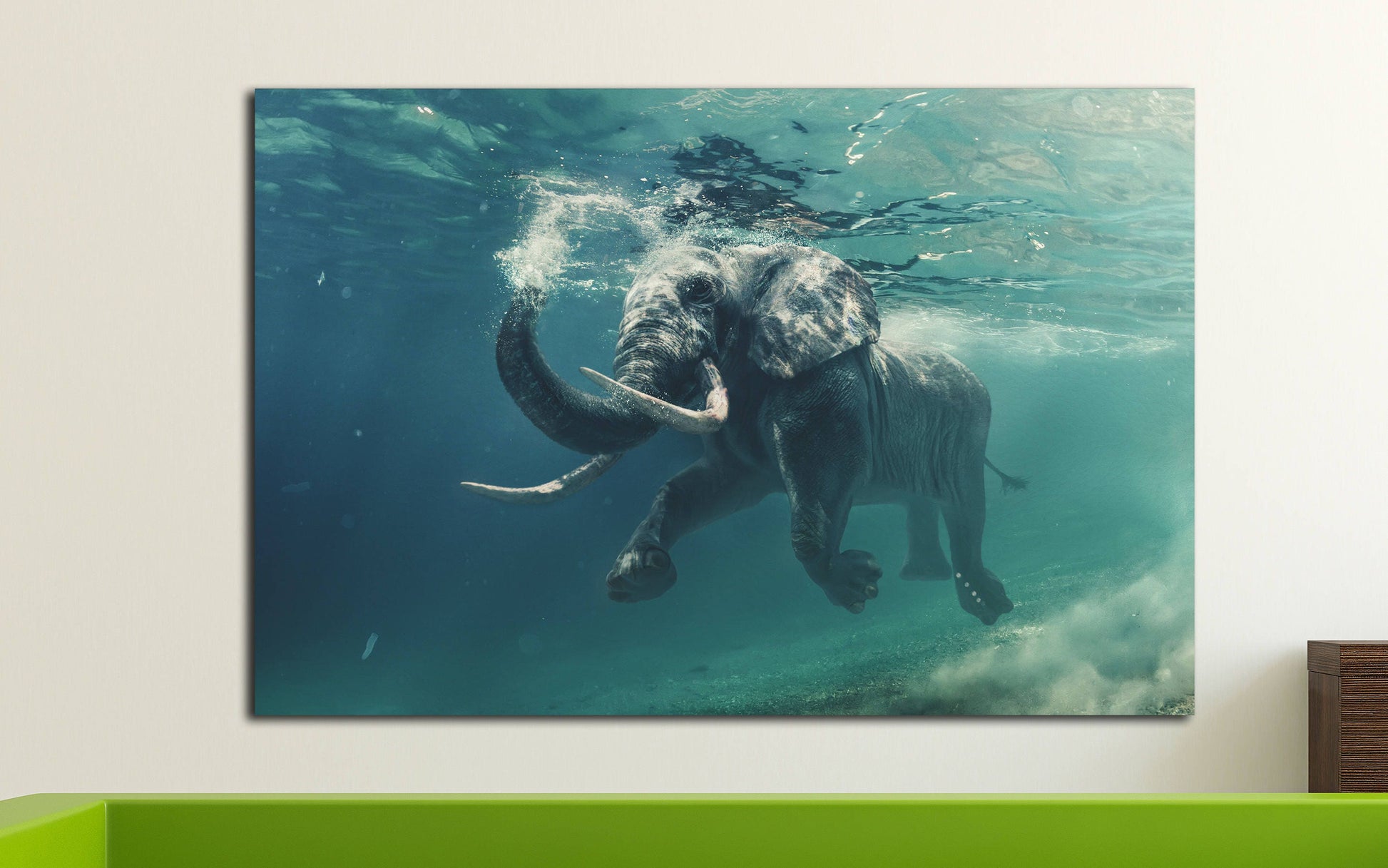 Elephant Swimming Under Water Framed Canvas Leather Print