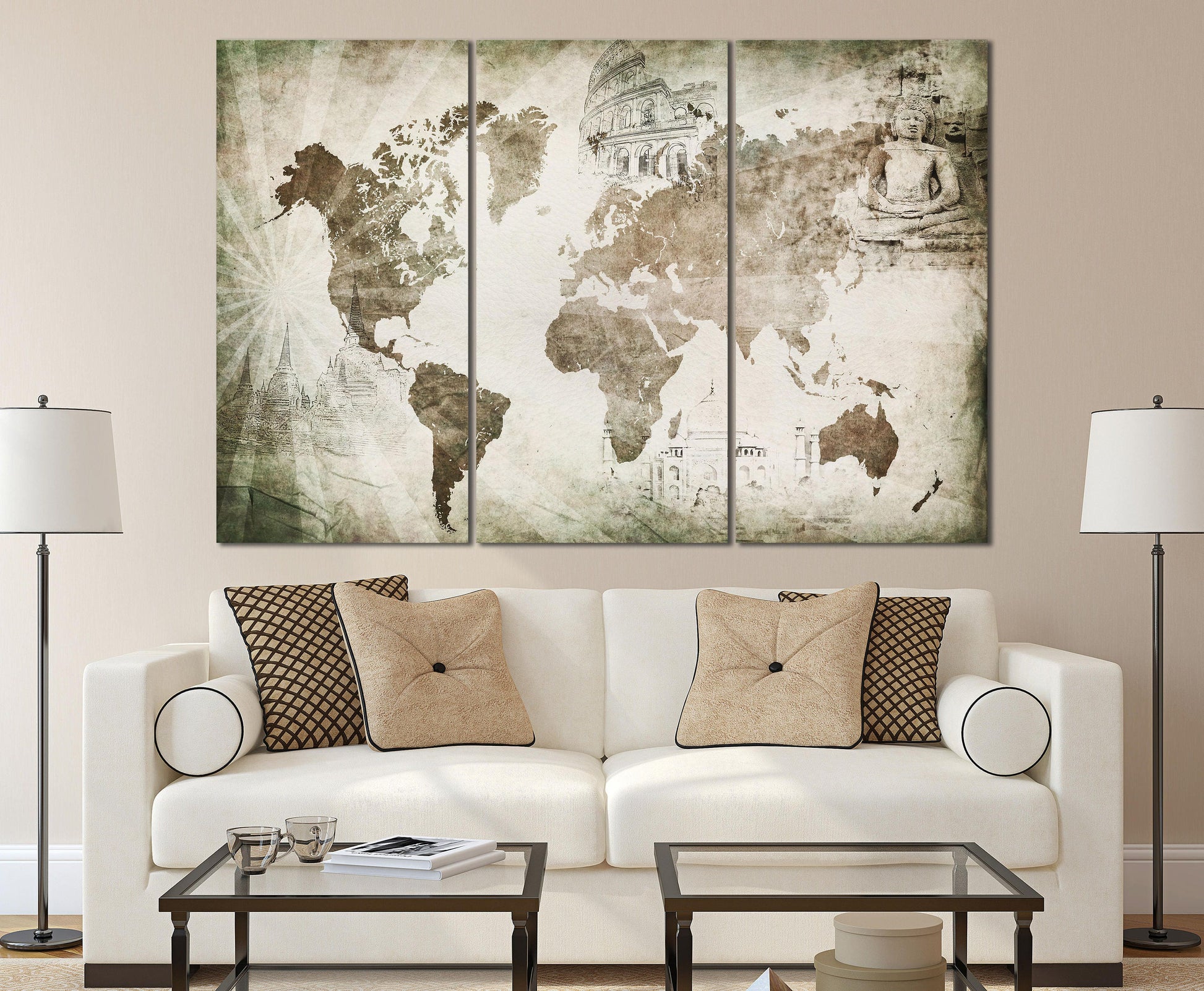 Vintage Travel Map With Landmarks Leather Print
