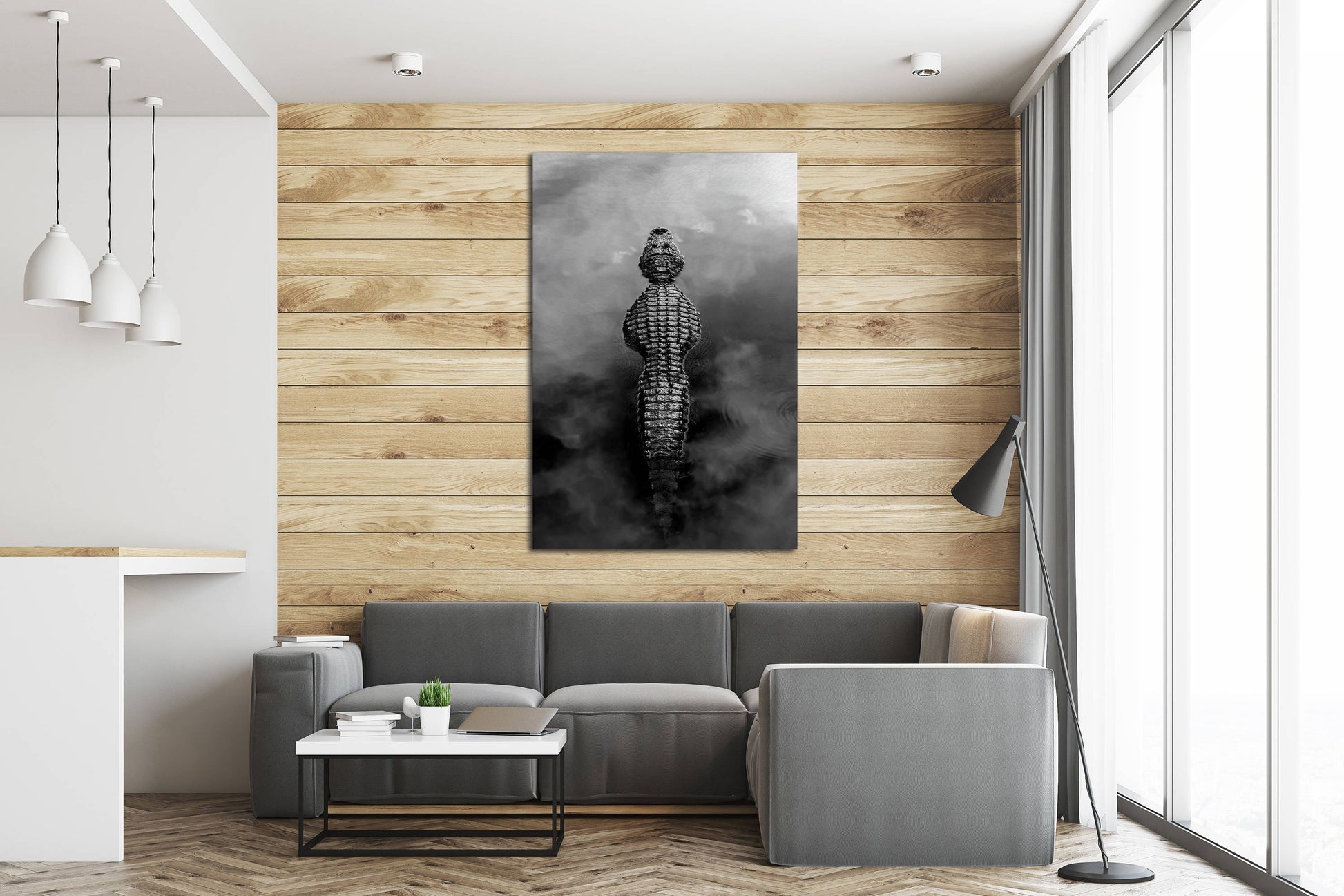 Alligator in the water black and white wall decor framed canvas