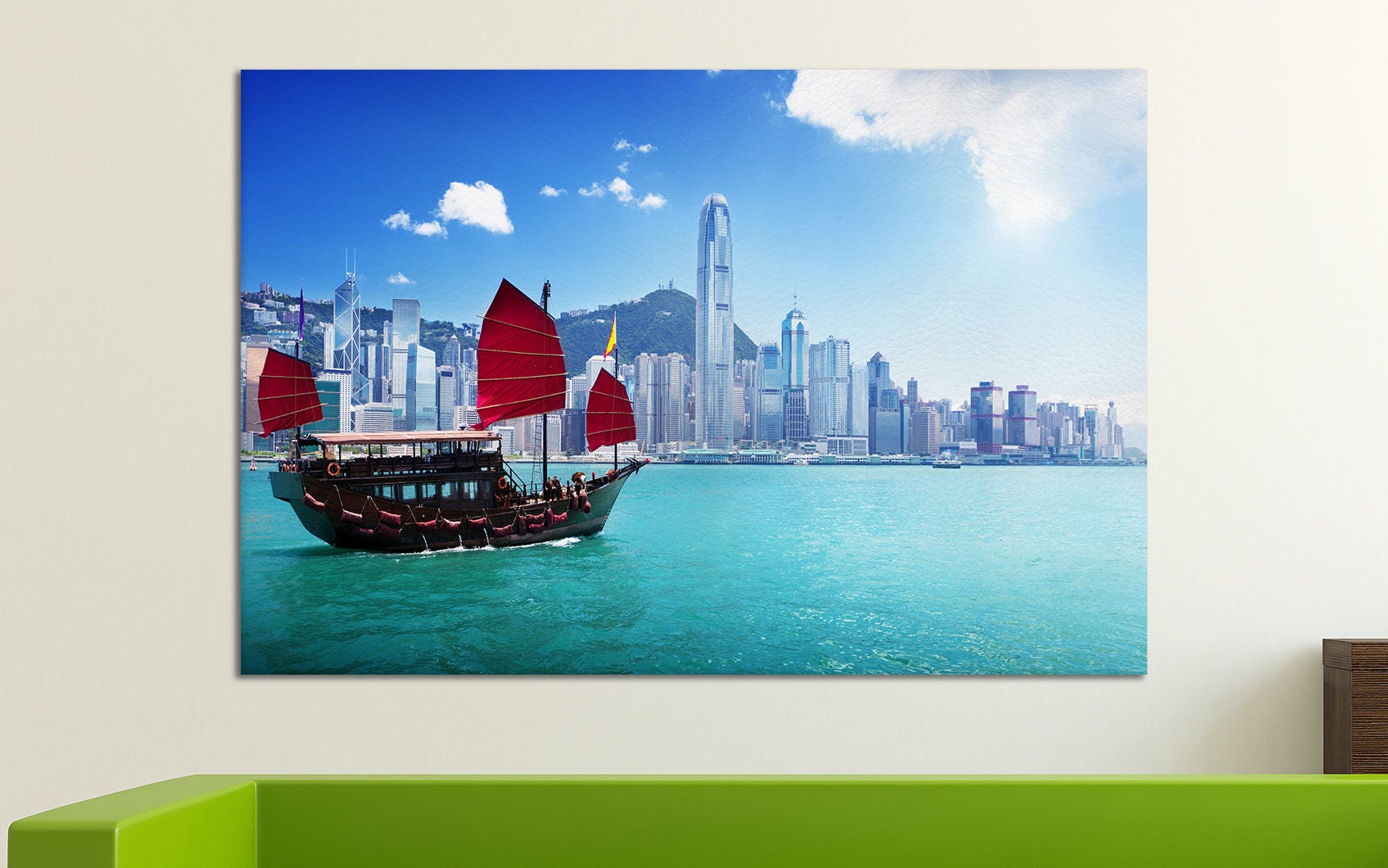 Hong Kong Harbour and Junk Boat Framed Canvas Leather Print