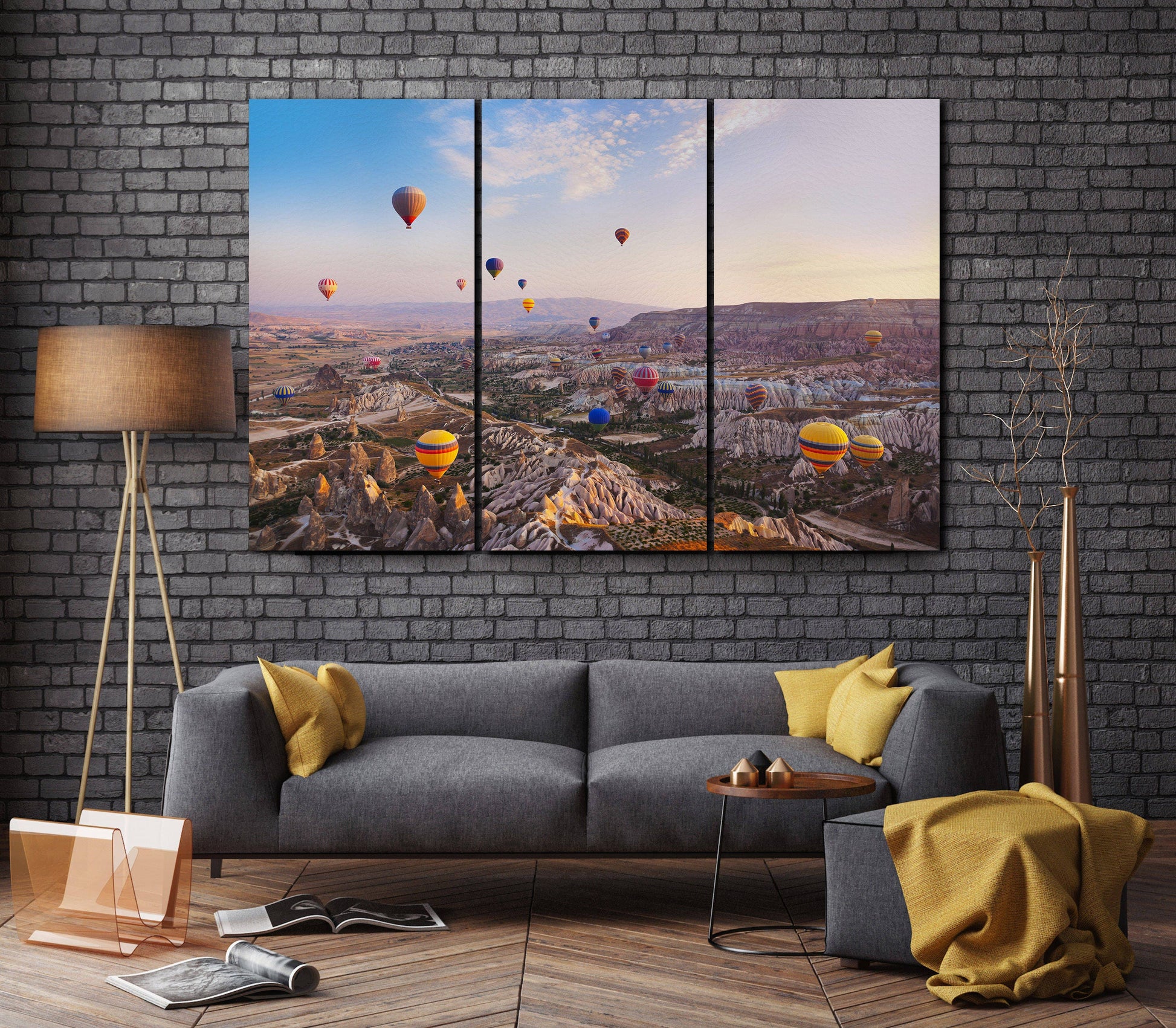 Hot Air Balloons over Cappadocia Turkey Framed Canvas Leather Print, Made in Italy!