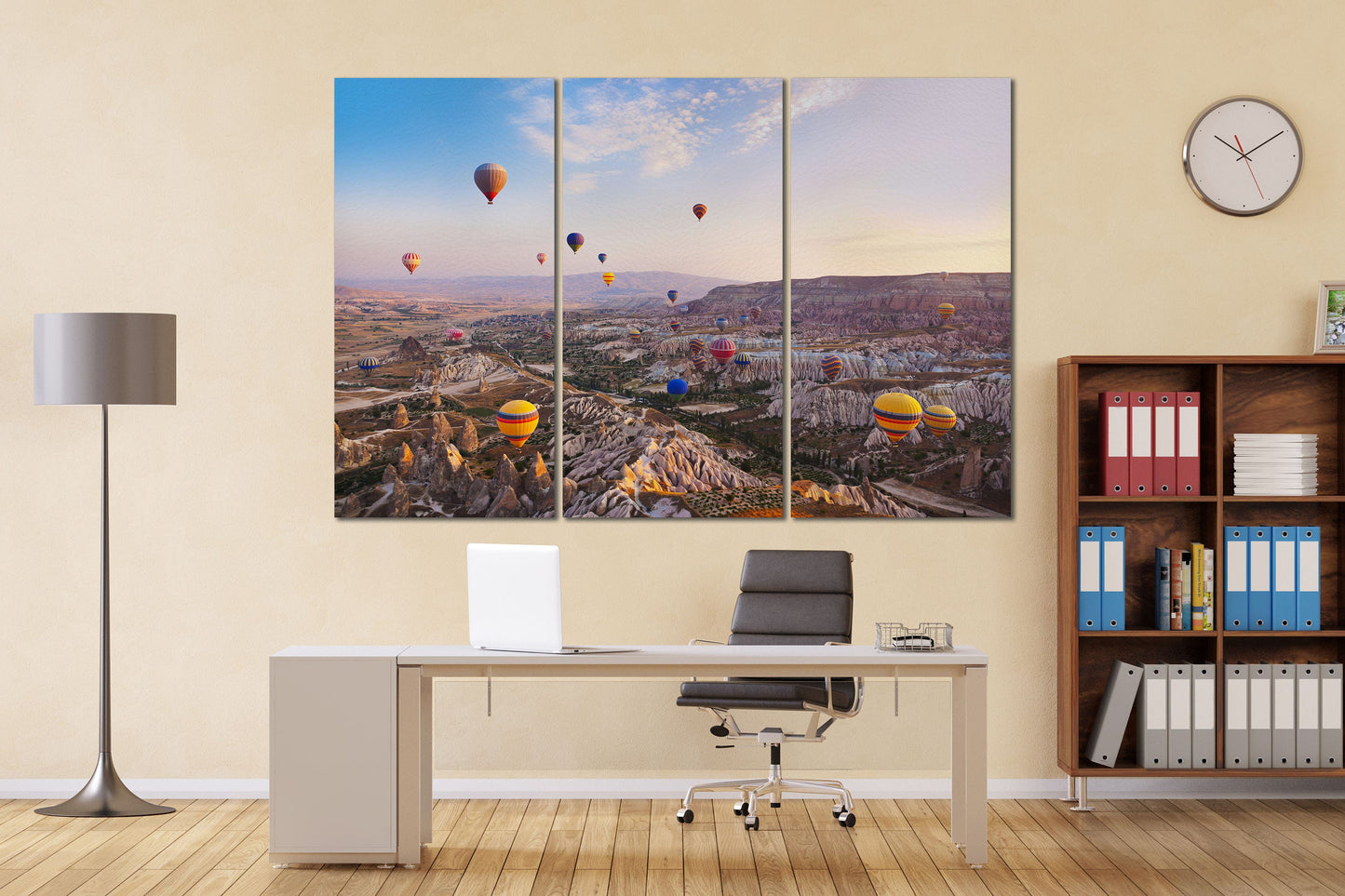 Hot Air Balloons over Cappadocia Turkey Framed Canvas Leather Print, Made in Italy!