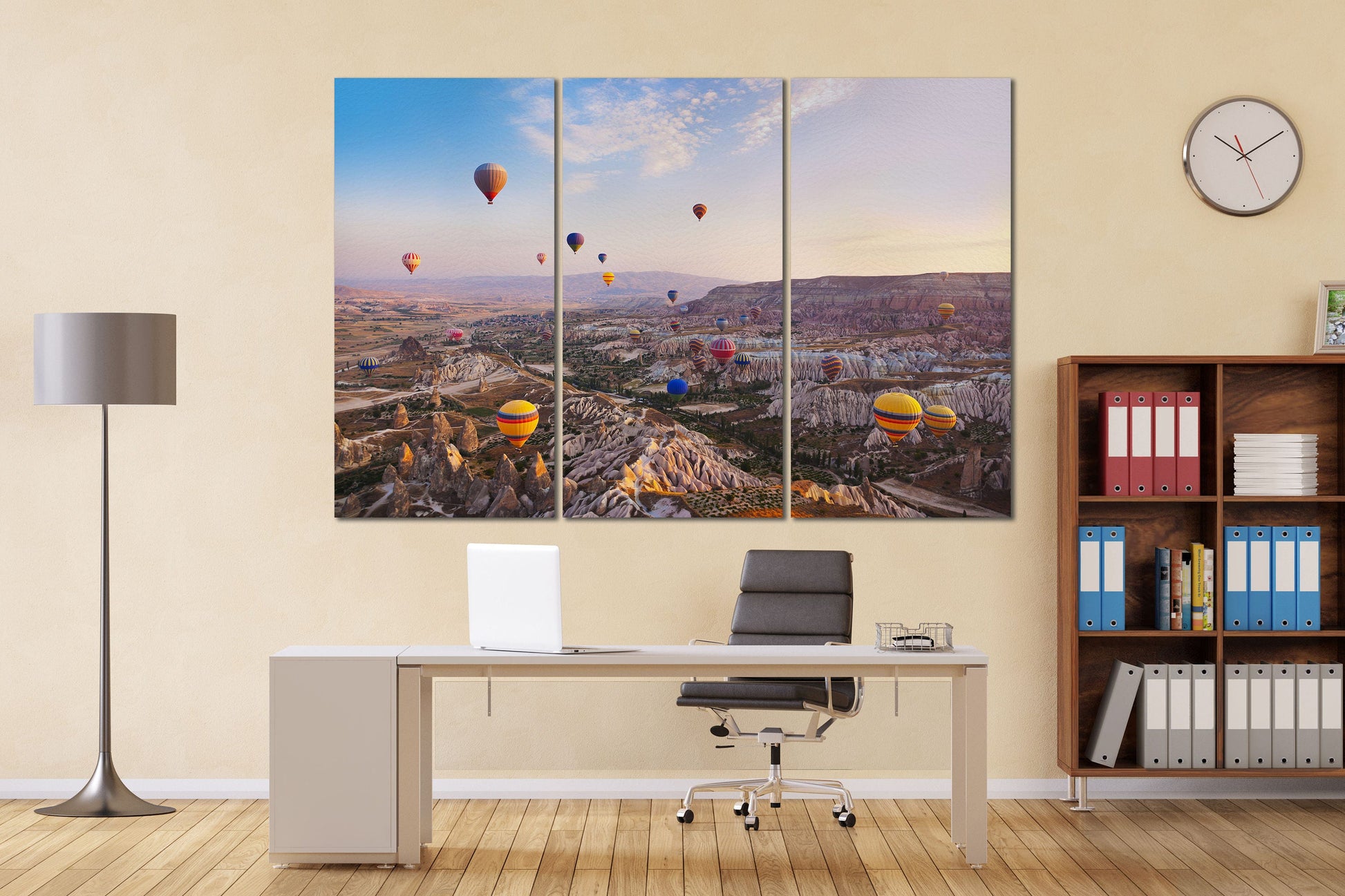 Hot Air Balloons over Cappadocia Turkey Framed Canvas Leather Print, Made in Italy!
