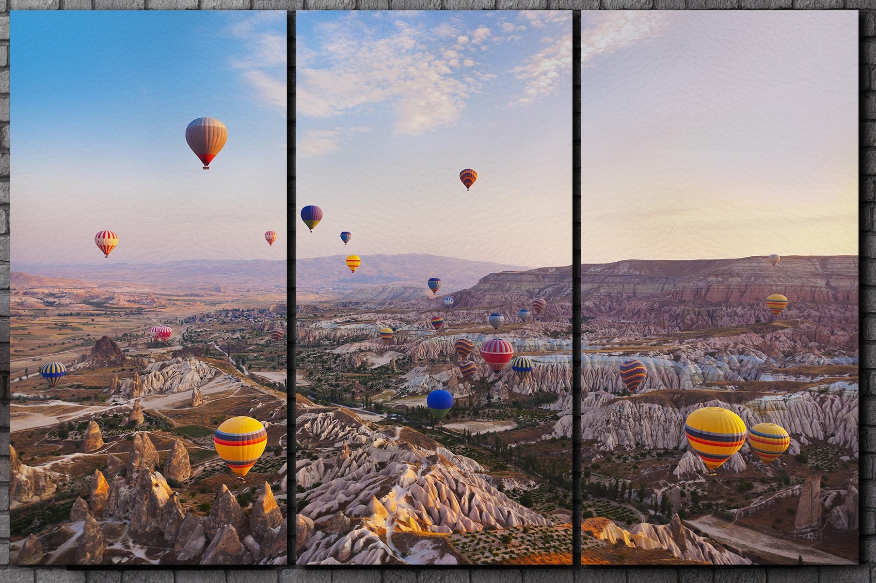 Hot Air Balloons over Cappadocia Turkey Framed Canvas Leather Print, Made in Italy!