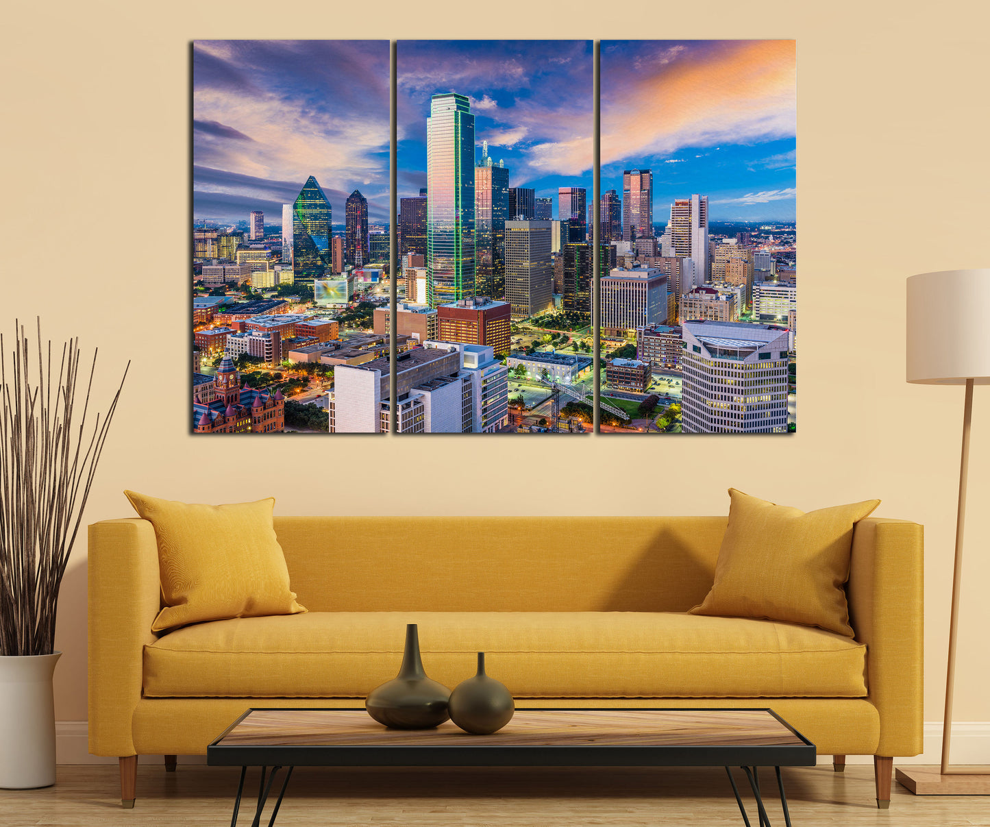 Dallas, Texas, Skyline at Dawn Wall Art Canvas Leather Print, Made in Italy!