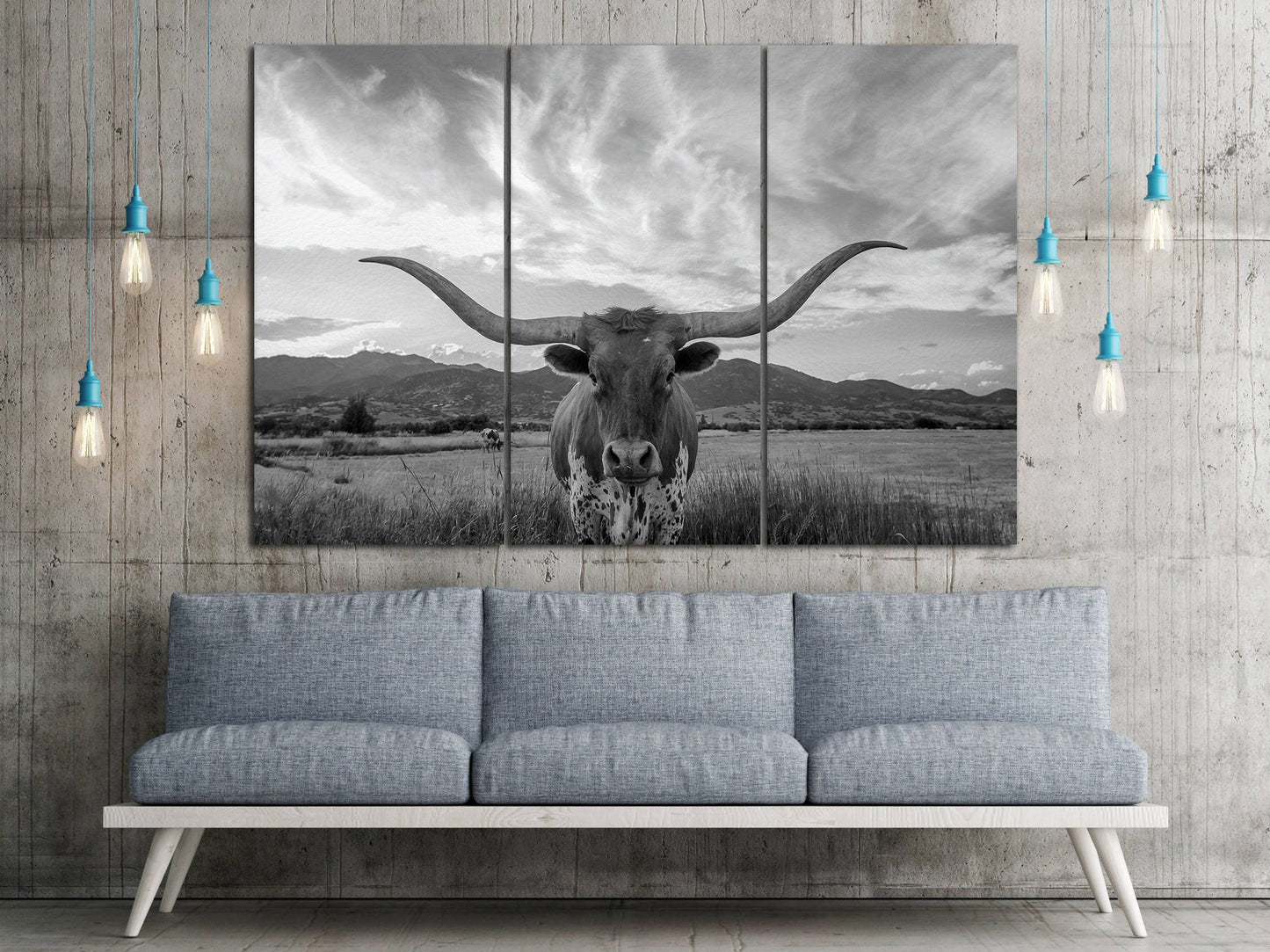 3 Panel Texas Longhorn Steer Black and White Framed Canvas Leather Print