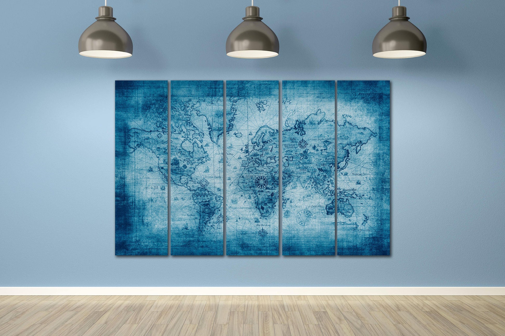 Blue Ancient World Map Framed Canvas Leather Print