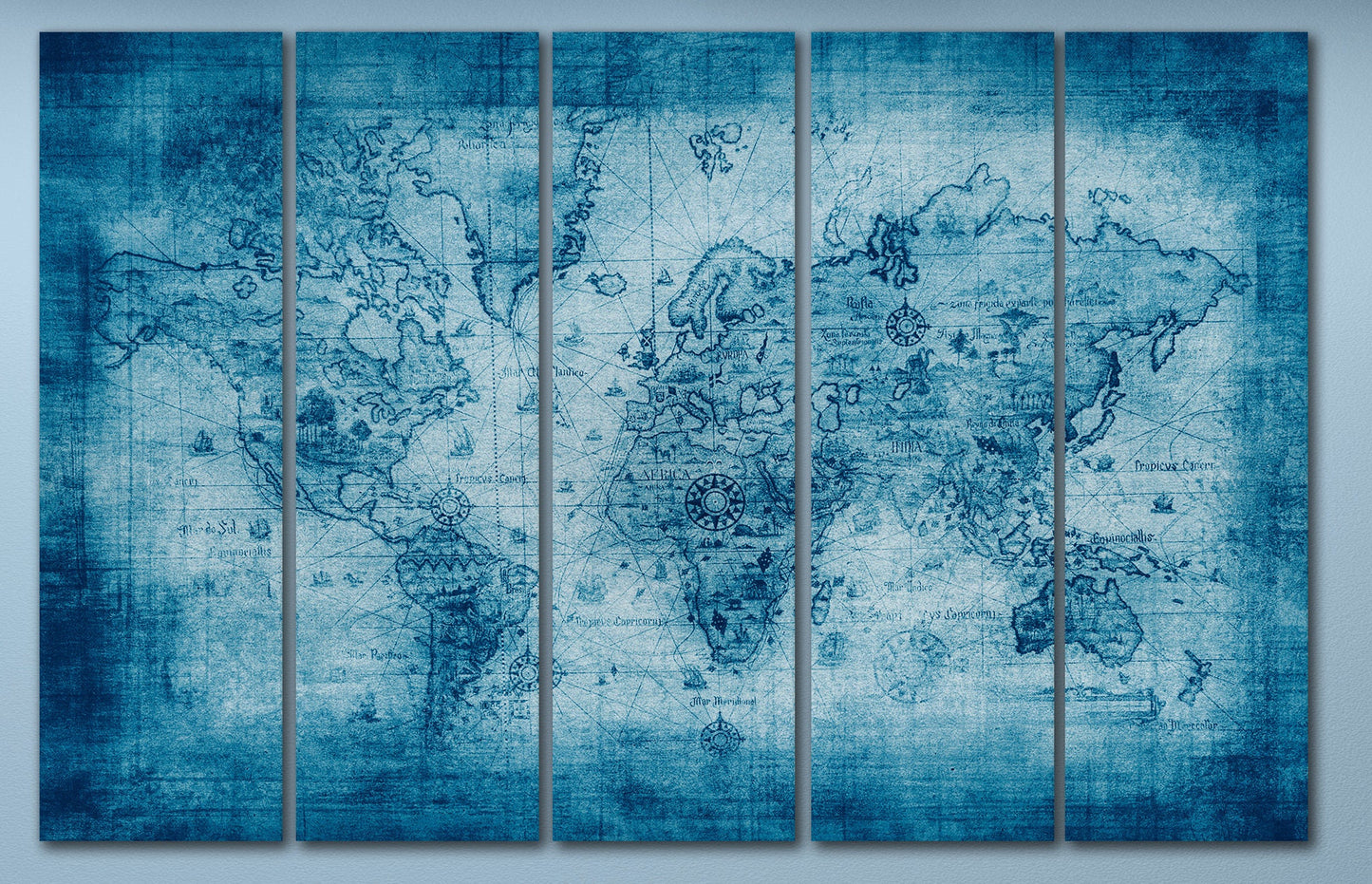Blue Ancient World Map Framed Canvas Leather Print