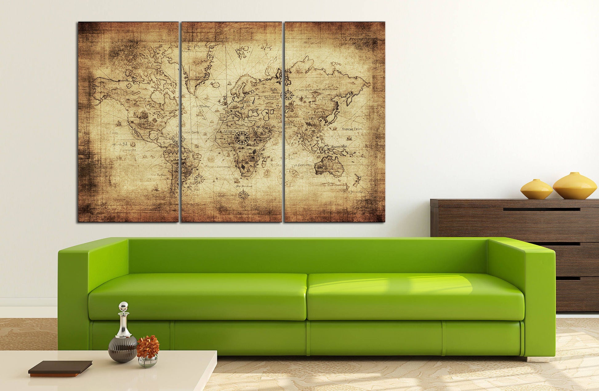 Beige/Brown Ancient World Map Framed Canvas Eco Leather Print, Made in Italy!