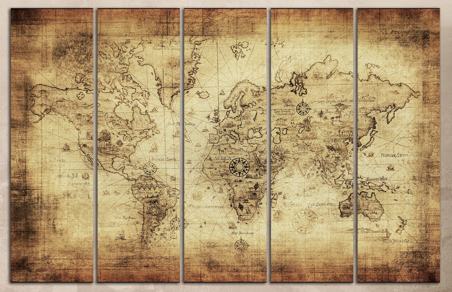 Beige/Brown Ancient World Map Framed Canvas Eco Leather Print, Made in Italy!