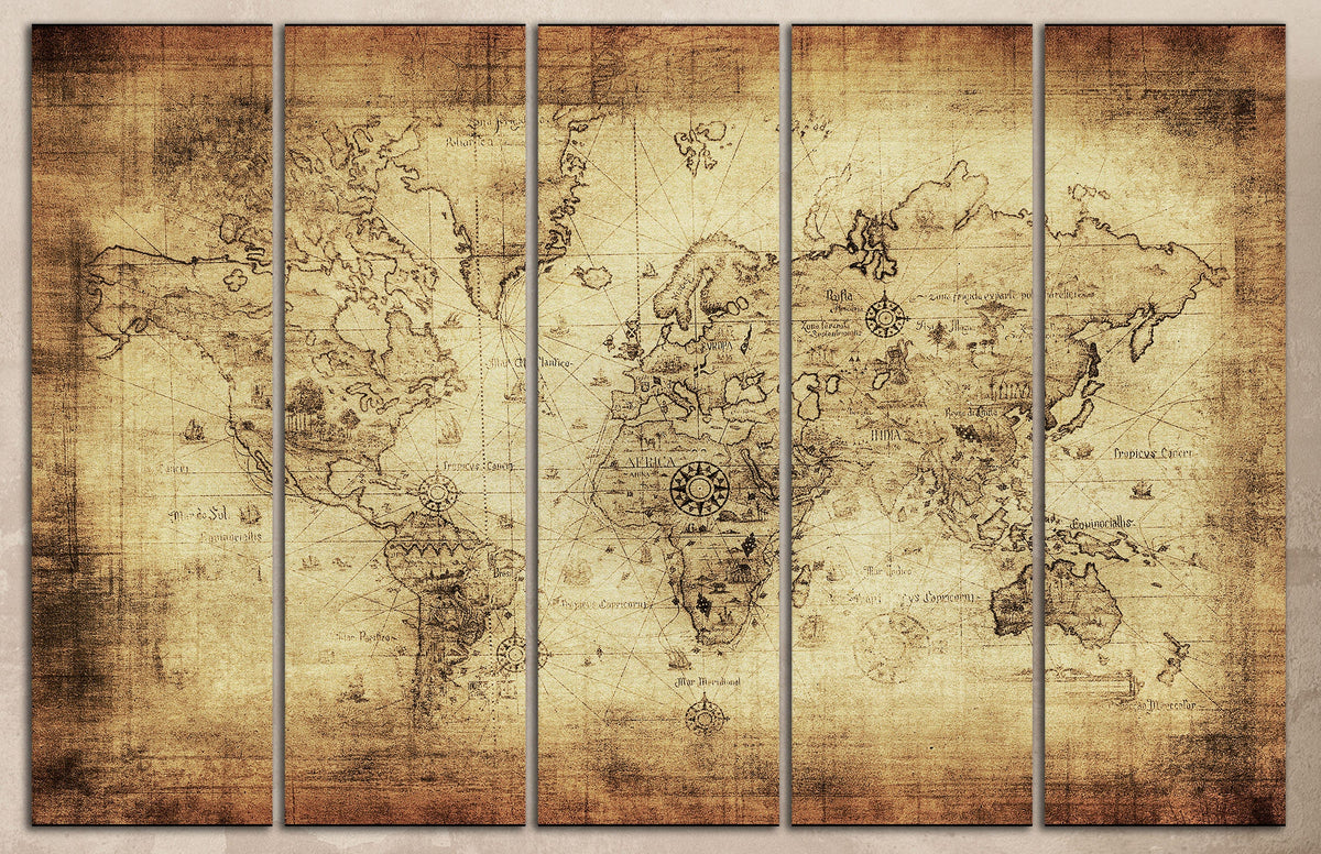 Beige/Brown Ancient World Map Framed Canvas Eco Leather Print, Made in Italy!