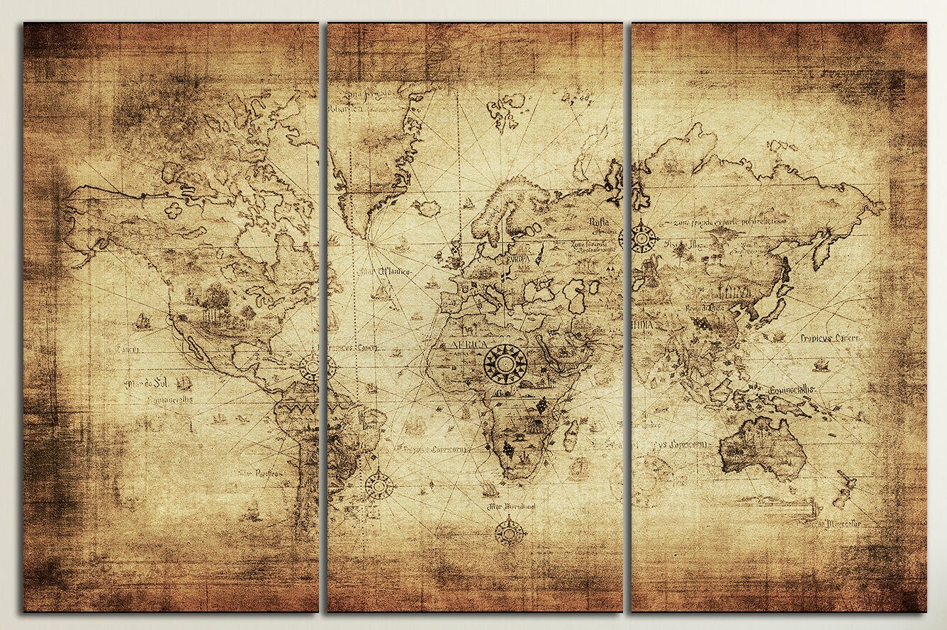 Beige/Brown Ancient World Map Framed Canvas Eco Leather Print, Made in Italy!