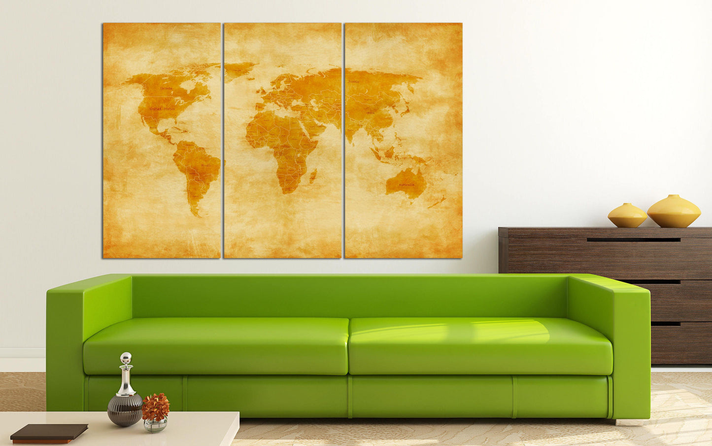 Vintage World Map with Borders and Nations Canvas Eco Leather Print