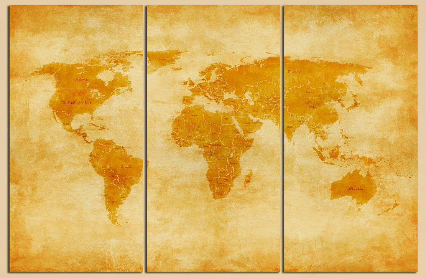 Vintage World Map with Borders and Nations Canvas Eco Leather Print