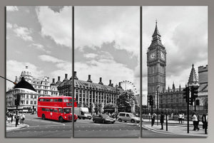 London Black and White Big Ben and Red Bus canvas wall decor