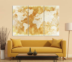 3 Panel Rustic World Map Framed Canvas Leather Print