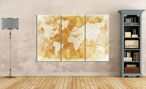 3 Panel Rustic World Map Framed Canvas Leather Print