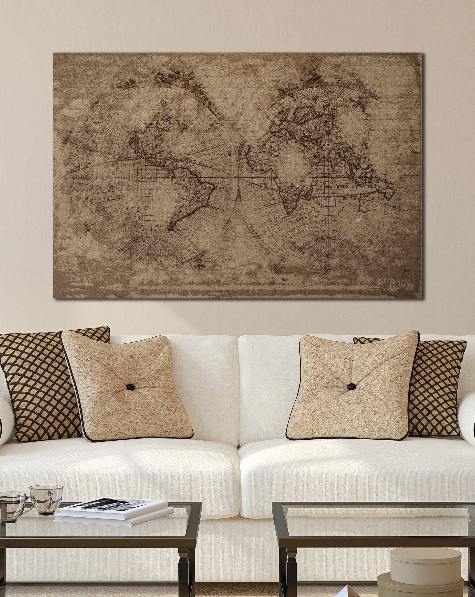 Old Brown World Map in Hemispheres Framed Canvas Leather Print