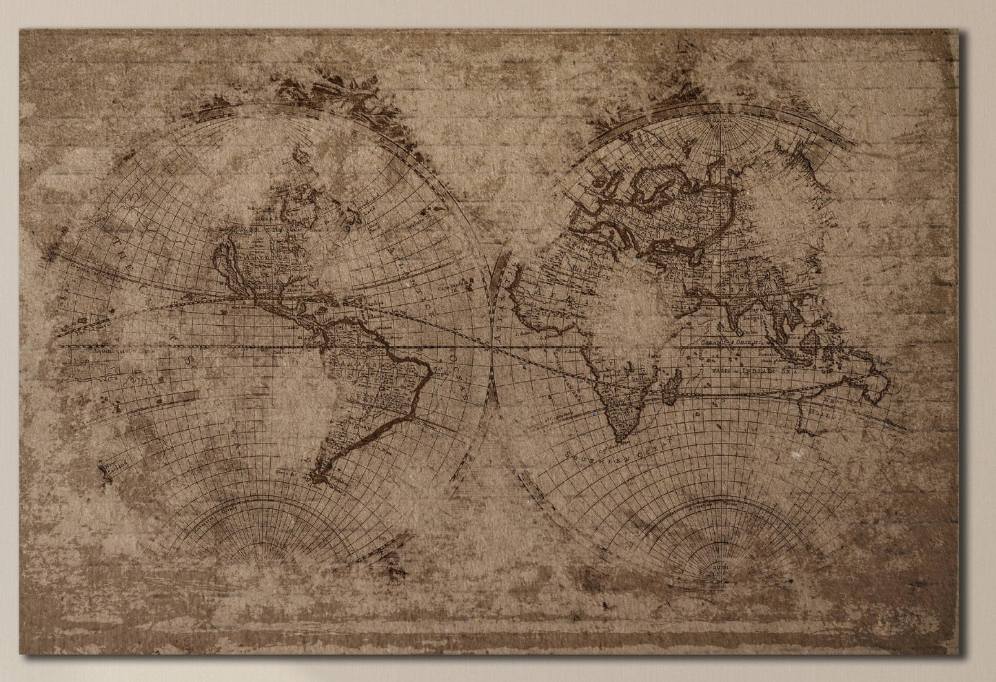 Old Brown World Map in Hemispheres Framed Canvas Leather Print