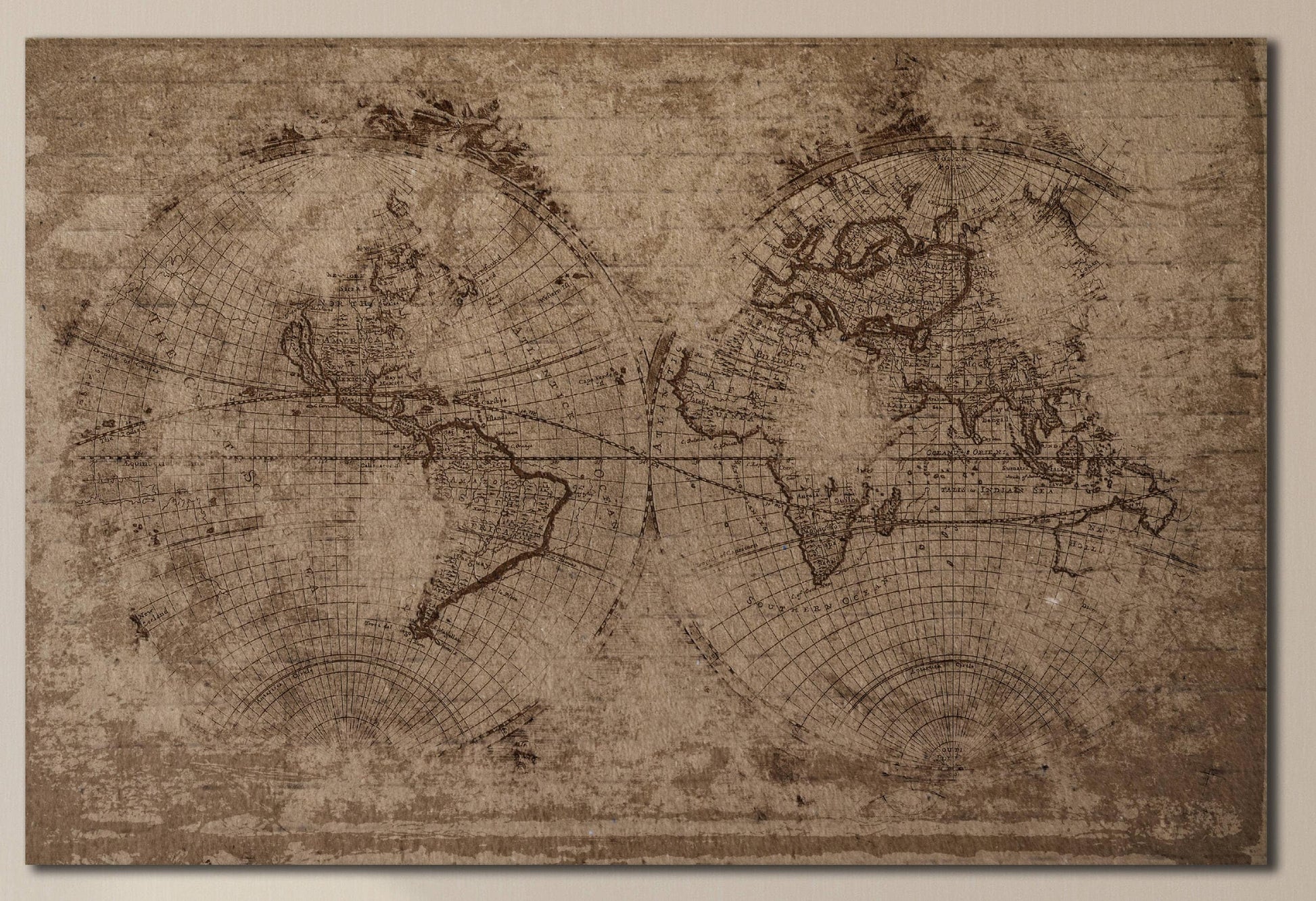 Old Brown World Map in Hemispheres Framed Canvas Leather Print