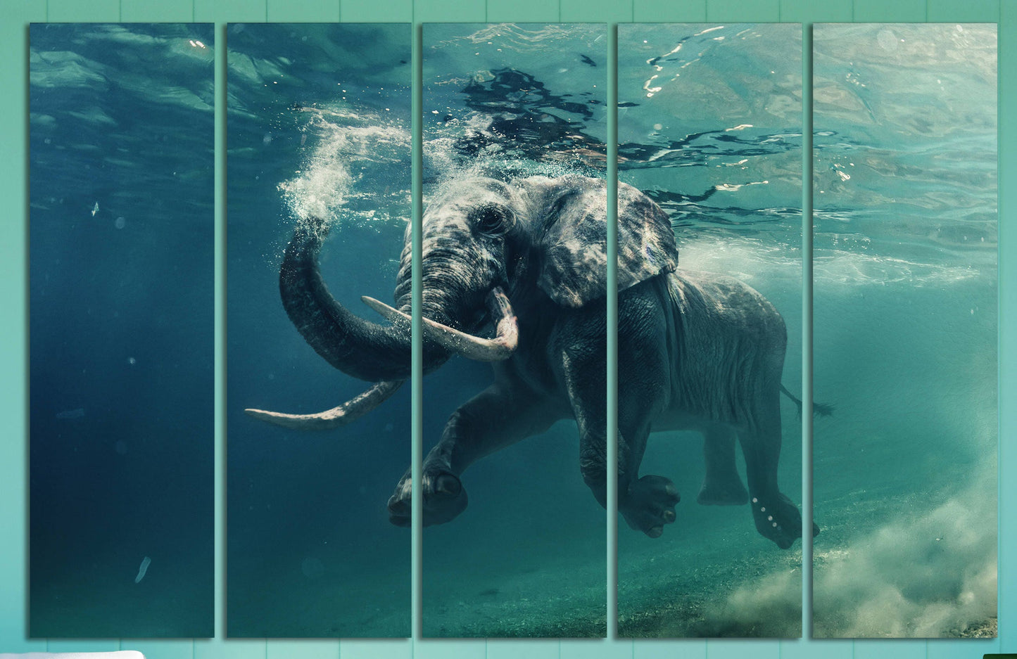 Elephant Swimming Under Water Framed Canvas Leather Print